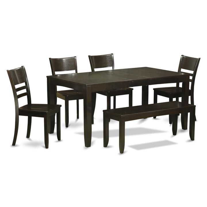 6 PC Dining Table with bench-Table with Leaf and 4 Kitchen Dining Chairs Plus Bench