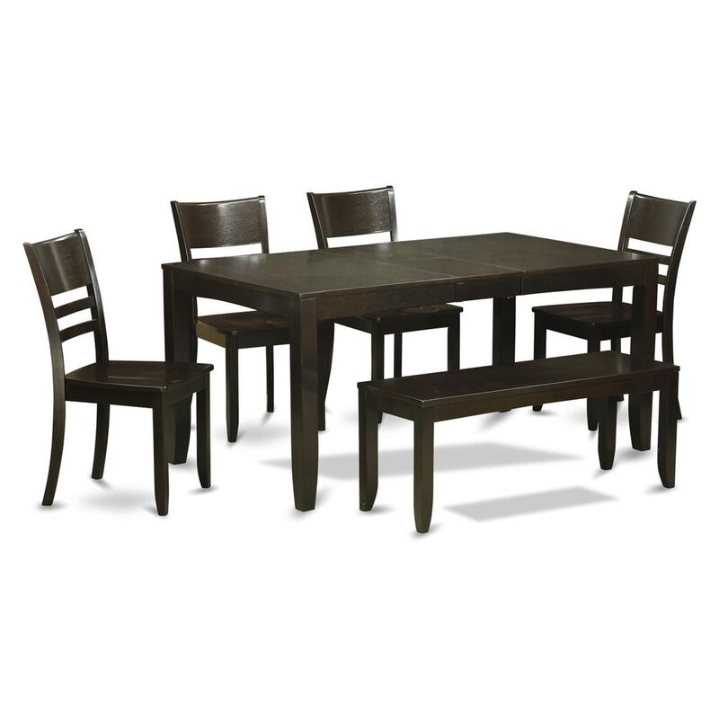 6 PC Dining Table with bench-Table with Leaf and 4 Kitchen Dining Chairs Plus Bench