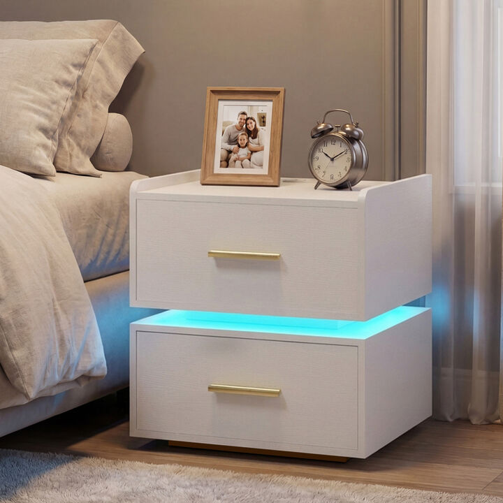Modern Nightstand with LED Light, Charging Station and 2 Storage Drawers