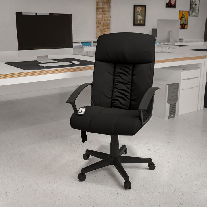 Sumter High Back Ergonomic Massaging LeatherSoft Executive Swivel Office Chair with Side Remote Pocket and Arms