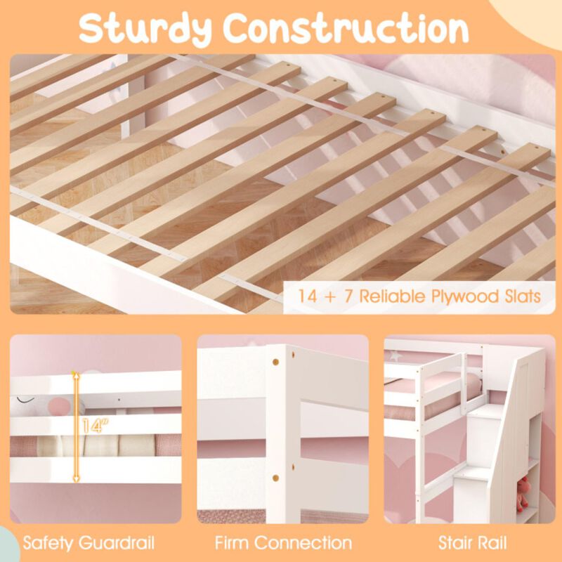 Hivvago Home Wood Bunk Bed with Guard Rail and 4-step Storage Stairs No Box Spring Needed