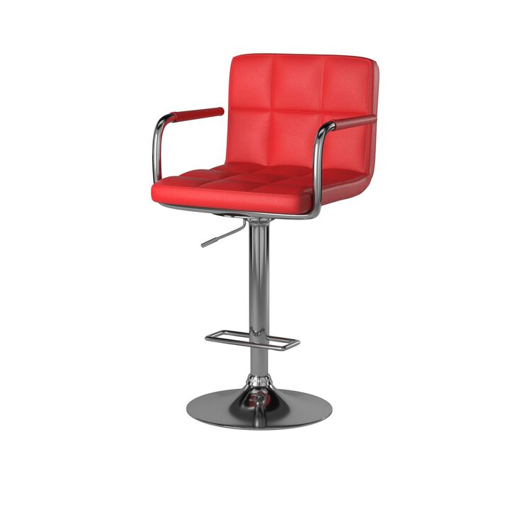 Leatherette Swivel Barstool with Square Stitched Details, Red and Silver-Benzara