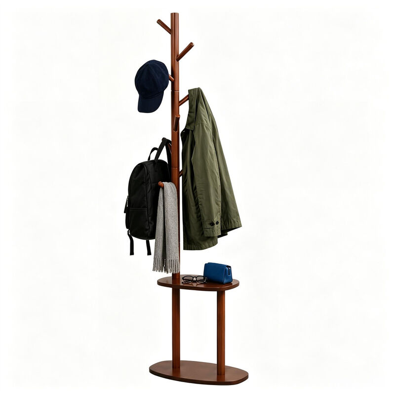 Freestanding Wood Coat Rack with 8 Hooks and 2 Shelves for Home Storage image number 4