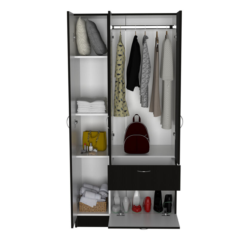 DEPOT E-SHOP Cartagena Armoire, One Drawer, Metal Rod, Five Shelves, Double Door Cabinet, Black / White