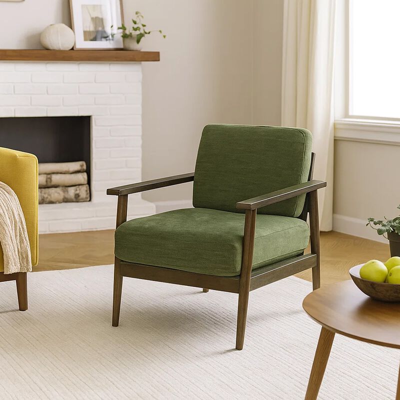 Bixy Accent Chair, 31 Inch, Brown Wood Armrests, Dark Green Polyester image number 6