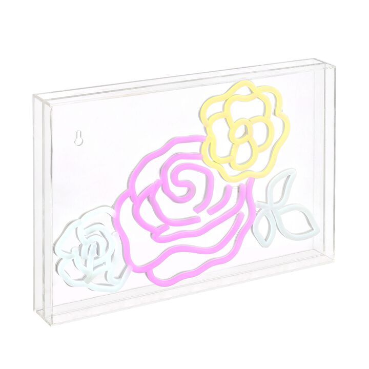Crowd Of Roses 15" X 10.3" Contemporary Glam Acrylic Box USB Operated LED Neon Light, Pink/White/Yellow