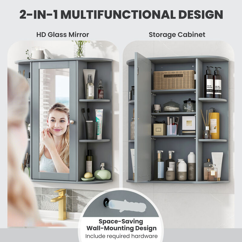 Costway Bathroom Cabinet Medicine Cabinet Single Door Shelves Wall Mount Cabinet W/ Mirror Gray