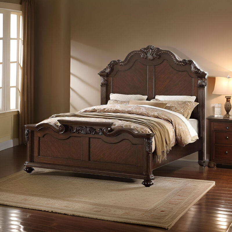 Splendidly Carved Queen Wooden Bed, Dark Walnut And Veneer Finish - Benzara