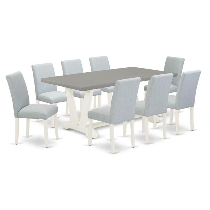 East West Furniture 9-Pc Table and Chairs Dining Set Includes 8 Dining Chairs with Upholstered Seat and High Back and a Rectangular Modern Dining Table - Linen White Finish
