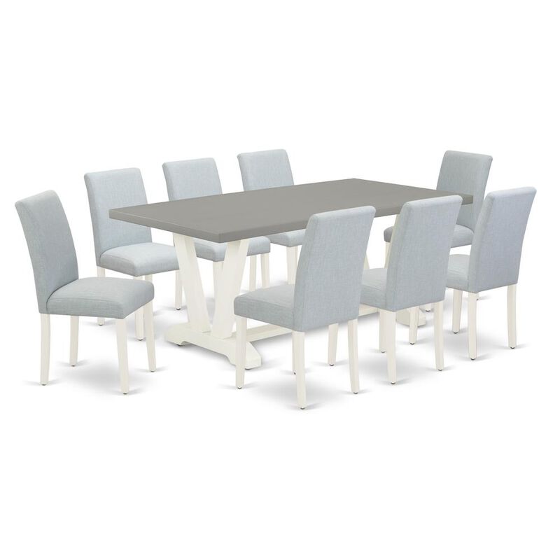 East West Furniture 9-Pc Table and Chairs Dining Set Includes 8 Dining Chairs with Upholstered Seat and High Back and a Rectangular Modern Dining Table - Linen White Finish