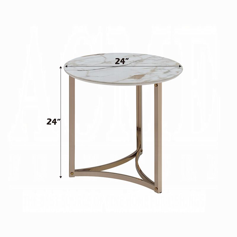 Acor Side End Table, 24 Inch, Round Sintered Stone Top, White and Gold image number 4