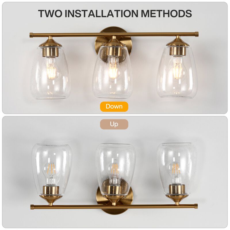 Gold Bathroom Vanity Light, Three-Light Bubble Glass Shades image number 7