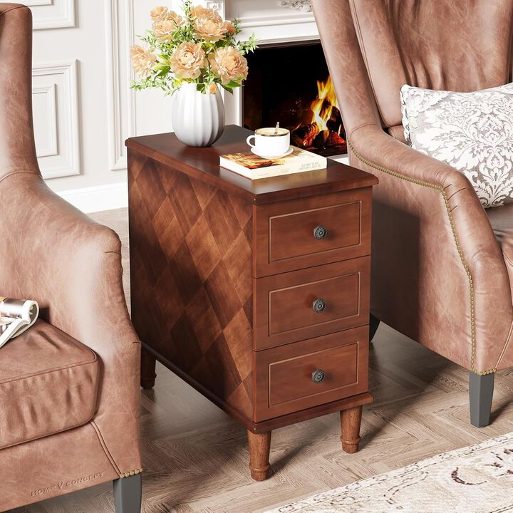 Tribesigns Wood Nightstand, Fully Assembled Narrow Side Table with 3 Drawers, Rustic Brown Bedside Table with Bronze Hardware for Bedroom, Living Room, End Table with Storage, No Assembly Required
