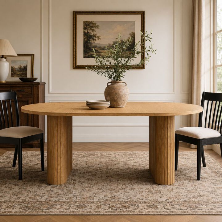 Oval dining table for 6 to 8 MDF dining table with metal frame Modern farmhouse dining table with wood strip base for kitchen
