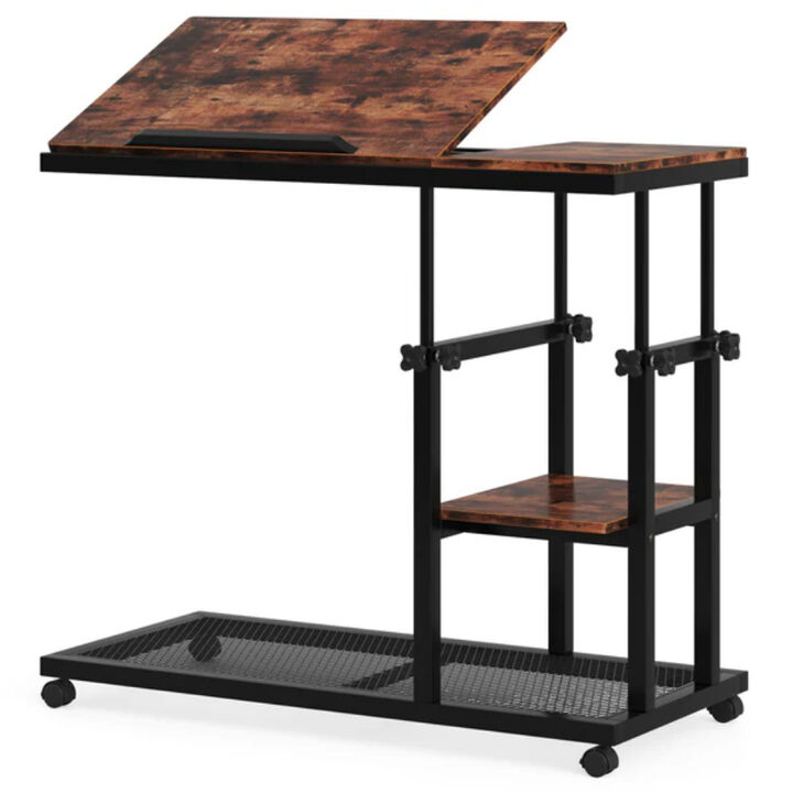 C Table with Adjustable Height, Mobile Side Table and Tiltable Drawing Board
