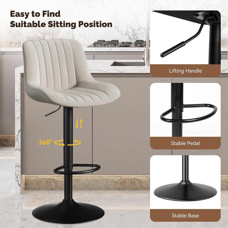 Swivel Bar Stools Set of 2, Upholstered Counter Height Bar Stools with Back and Footrest, 360 Degree Swivel Kitchen Island Chairs, Modern Barstools for Kitchen Counter, Home Bar, Dining image number 3