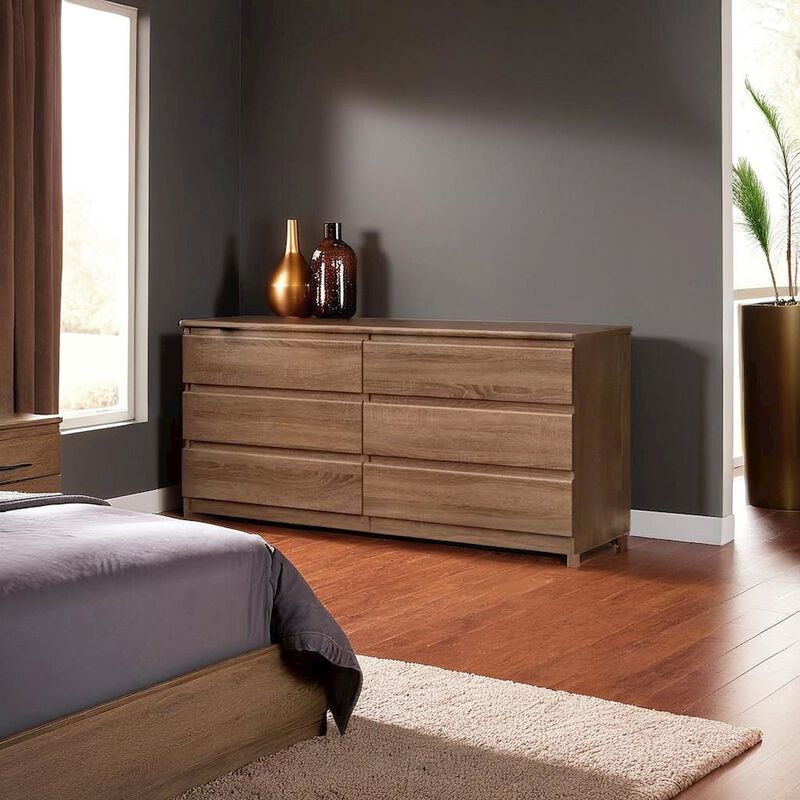 FurniFact Elegant Truffle Oak Double Dresser with Six Spacious Drawers for Storage
