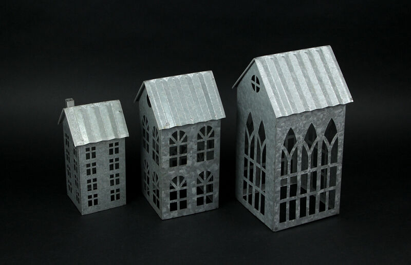 Set of 3 Country Farmhouse Galvanized Metal House Shaped Candle Holders image number 2