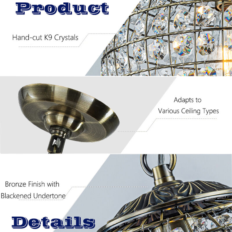 1-Light W12 in. Retro Antique Gold Globe Chandelier Small Crystal Vintage Cage-Style Shade Pendant Light for Kitchen Island image number 4