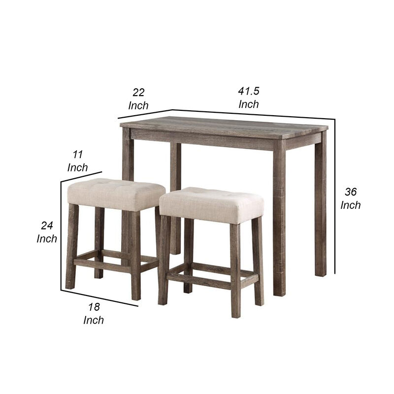 Cora 3 Piece Counter Height Table Set, Deep Tufted Stools, Brown, Beige image number 4