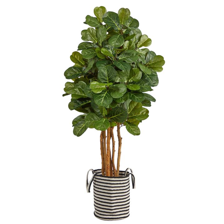 HomPlanti 5 Feet Fiddle Leaf Fig Artificial Tree in Handmade Black and White Natural Jute and Cotton Planter