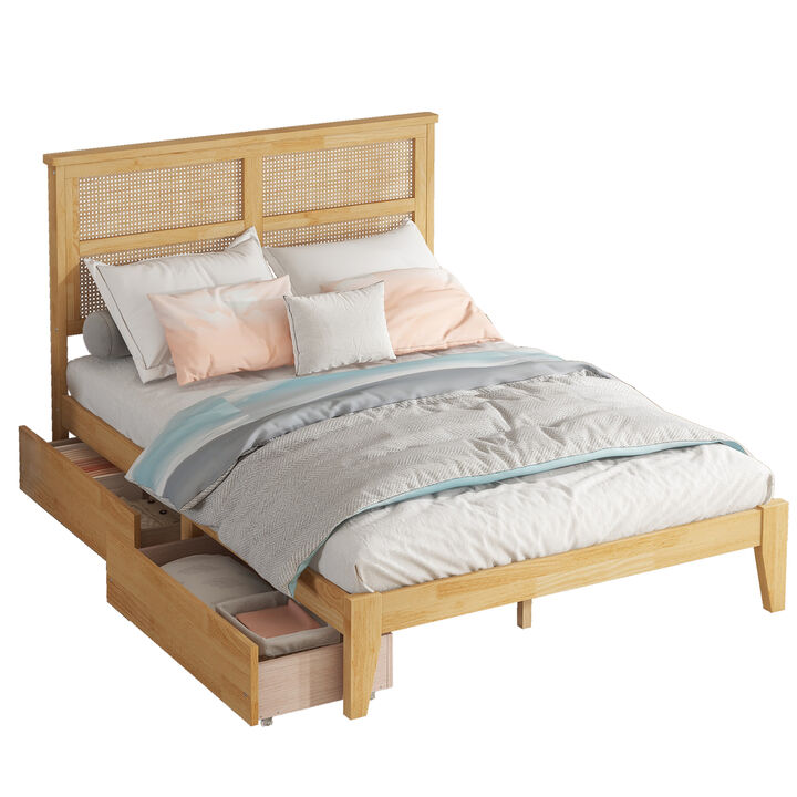 Whisen Full Size Bed with Rattan Headboard, 2 Storage Drawers and Enhanced Support Slats