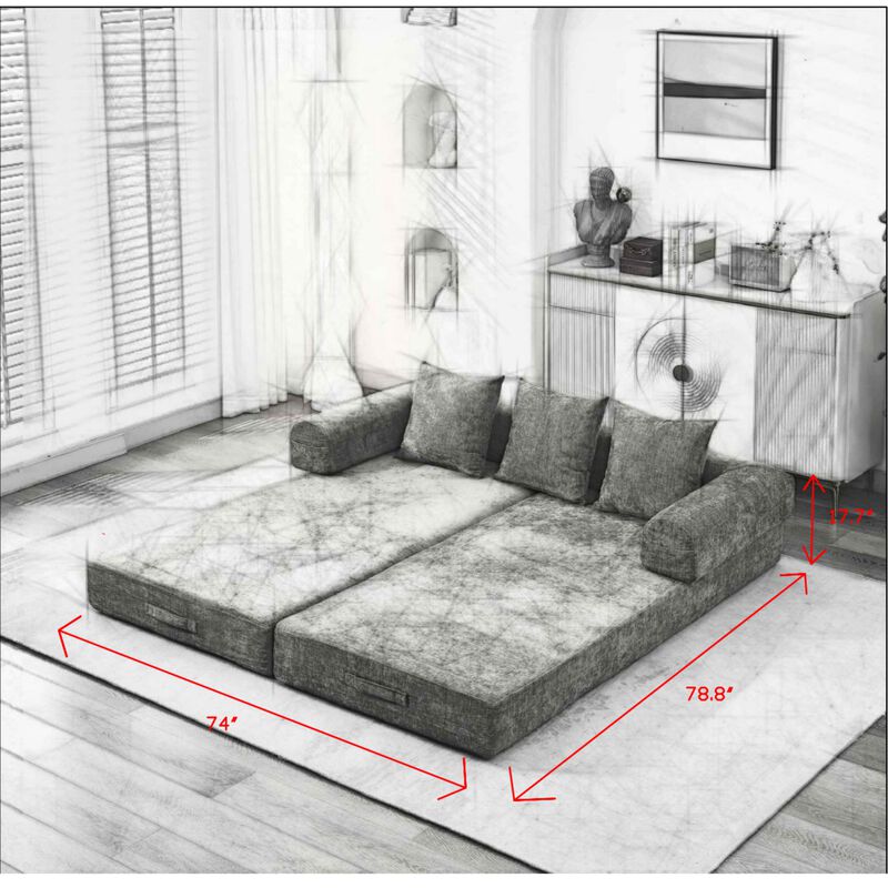 Convertible Folding Mattress Couch, Chenille Floor Sofa with Armrest, Floor Sofa Lounge Couch image number 4