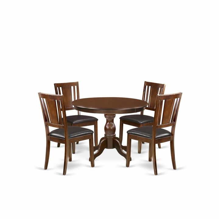East West Furniture HBDU5-MAH-C 5 Piece Dining Table Set - Mahogany Dining Room Table and 4 Mahogany Faux Leather Comfortable Chairs with Panel Back - Mahogany Finish