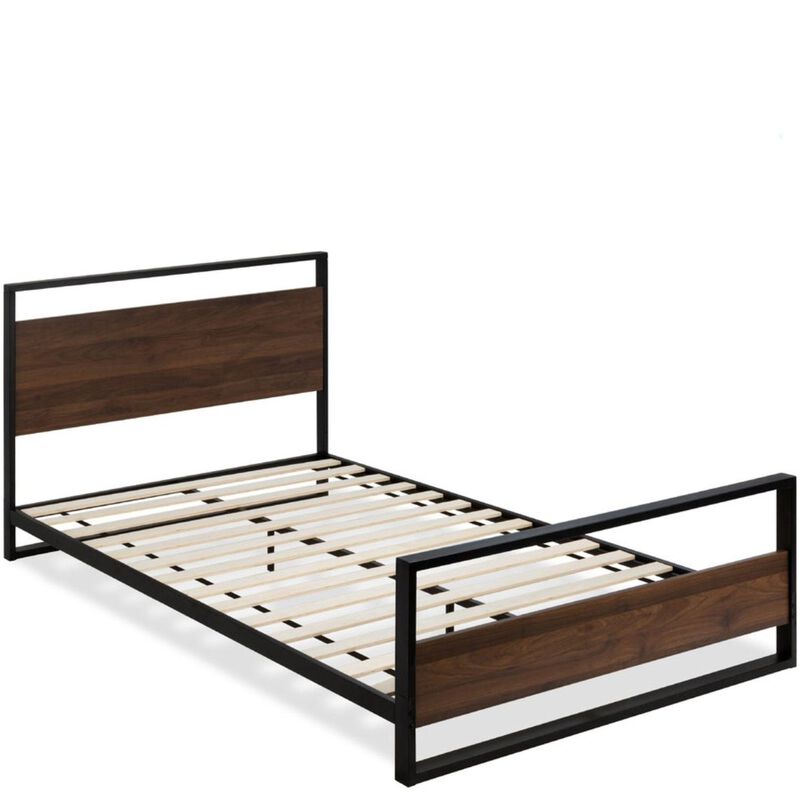 Hivvago Queen size Farmhouse Metal Wood Platform Bed Frame with Headboard Footboard