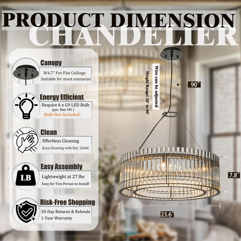 6-Light Modern Luxury Matte Black 2-Tier Round Chandelier With Glass Rods image number 5