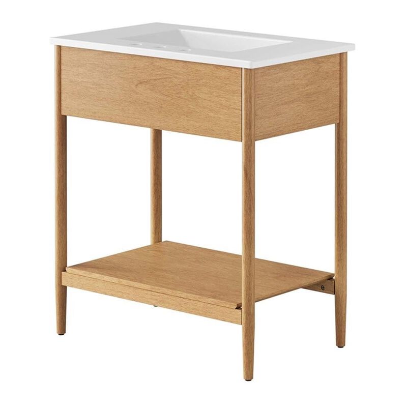 Modway Zaire 30&rdquo; Mid-Century Bathroom Vanity Washstand in Natural White with Ceramic Sink Basin, 30 Inches image number 4