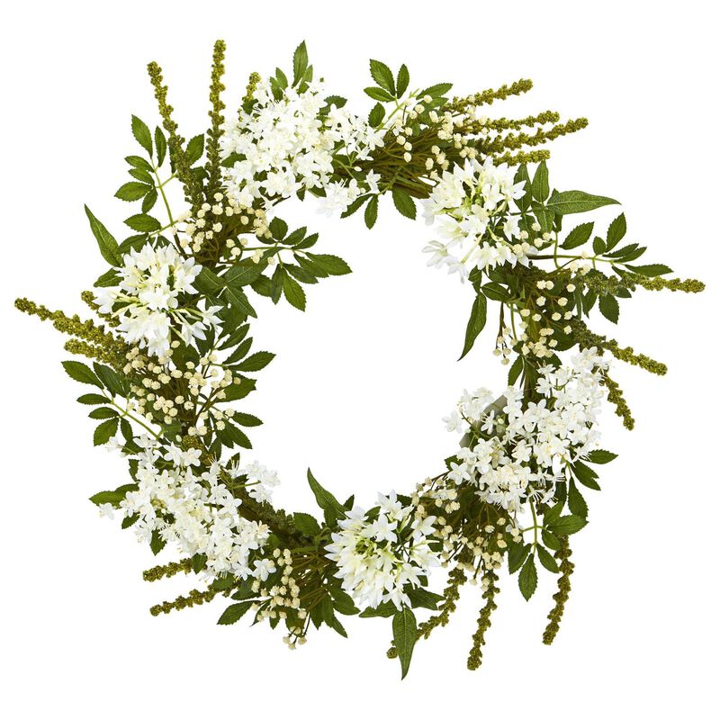 Nearly Natural 24-in White Mixed Floral Artificial Wreath
