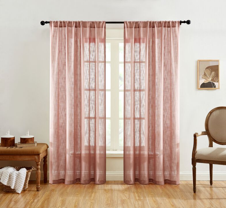 THD Linda Faux Linen Textured Semi Sheer Privacy Light Filtering Transparent Window Rod Pocket Thick Curtains Drapery Panels for Bedroom & Living Room, Set