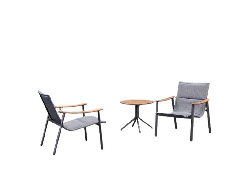Accent Chair Set &ndash; 2 Dark Grey Metal Armchairs with Teak Arms & Table, Indoor/Outdoor image number 0
