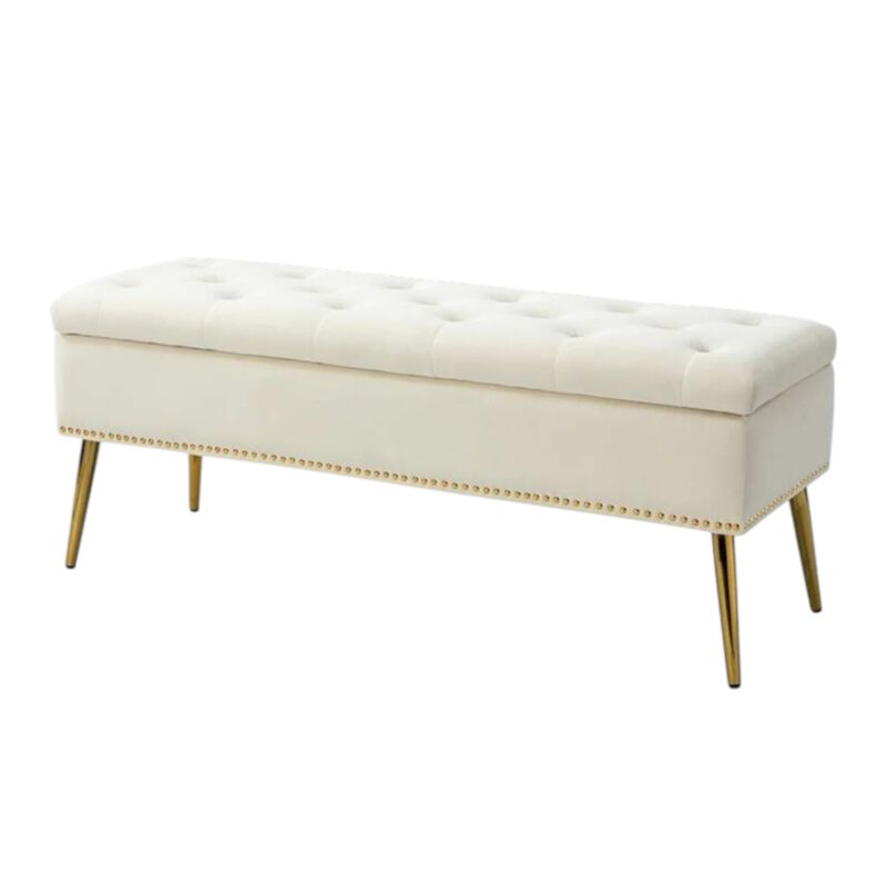 Hivvago Mid-Century Modern Bed Storage Bench with Ivory Velvet Seat and Gold Legs