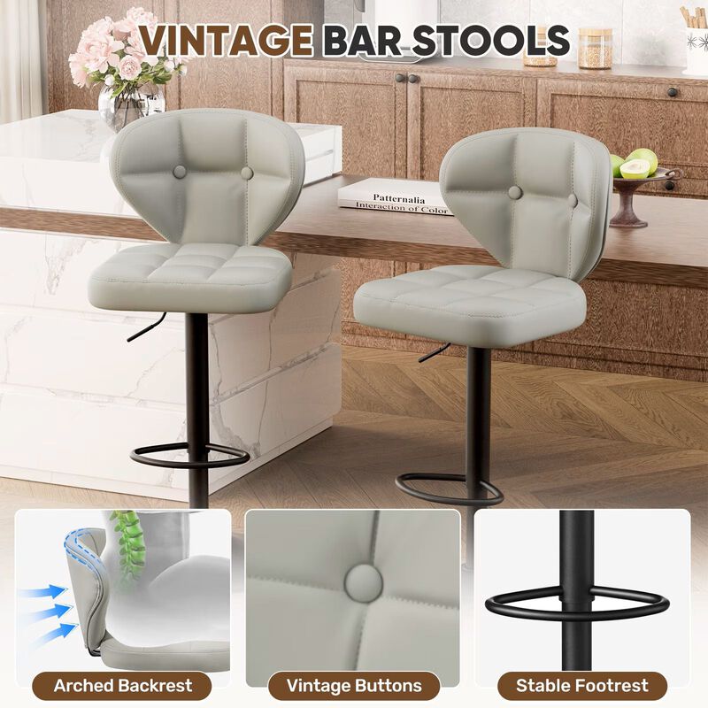 PU Leather Swivel Bar Stools Set of 2, Modern Hydraulic Adjustable Counter Height Stools, Steady Water Resistant Iron Frame 360&deg; Kitchen Island Chairs image number 2