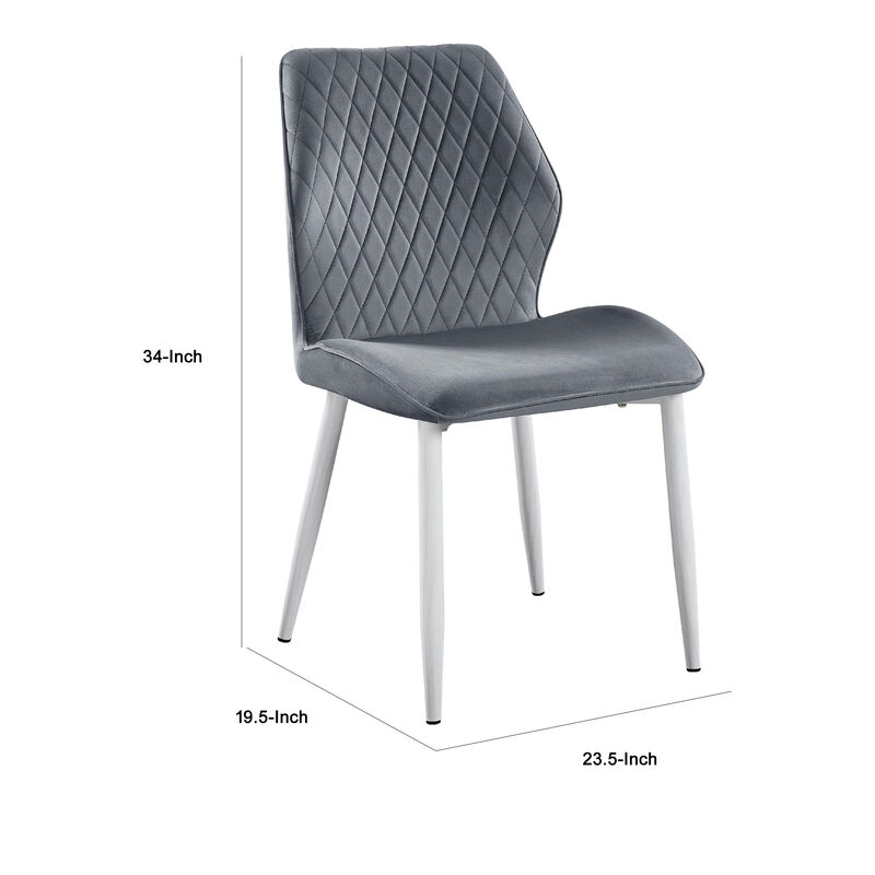 Bailey Dining Chair Set of 2, White Metal, Gray Diamond Quilted Velvet
