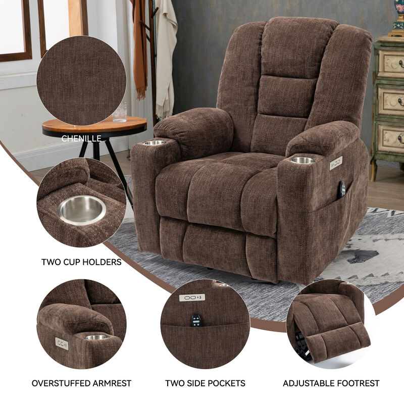 Heavy Duty Power Lift Recliner Chair for Elderly - Overstuffed Wide Seat with Massage & Heat, USB/Type-C Ports, 2 Cup Holders