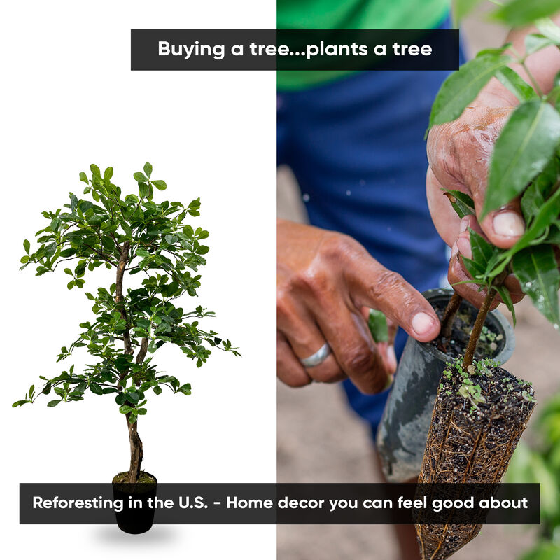 Handmade 4' Artificial 3-Tier Black Olive Tree In Home Basics Plastic Pot Made with Real Wood and Moss Accents