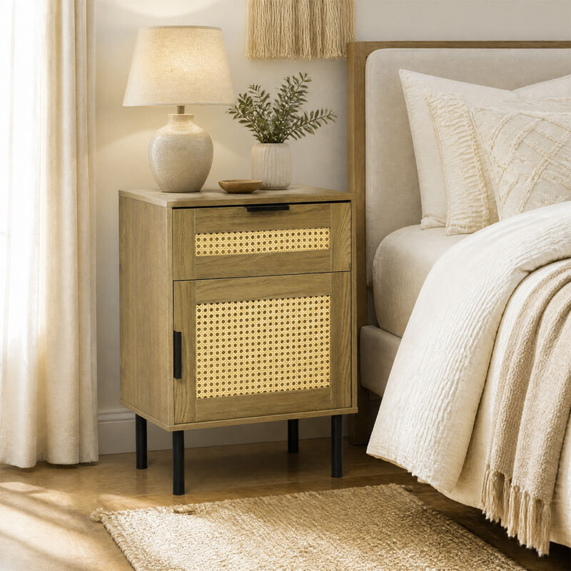 Rattan Nightstand with Drawer and Storage Cabinet for Bedroom and Dorm image number 6