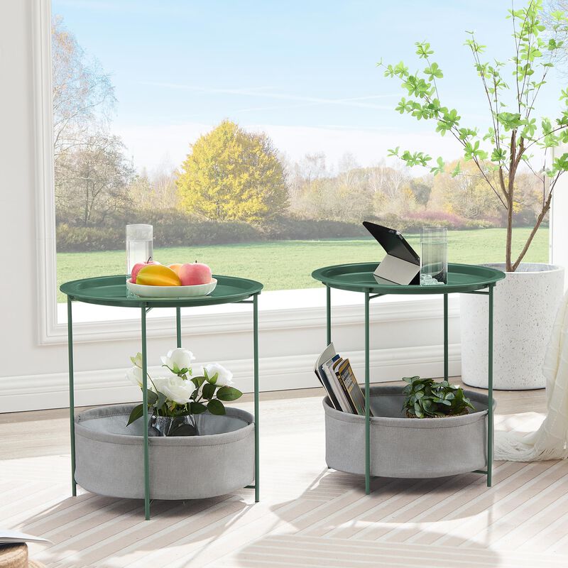 VECELO Round Side/End Table with Fabric Storage Basket