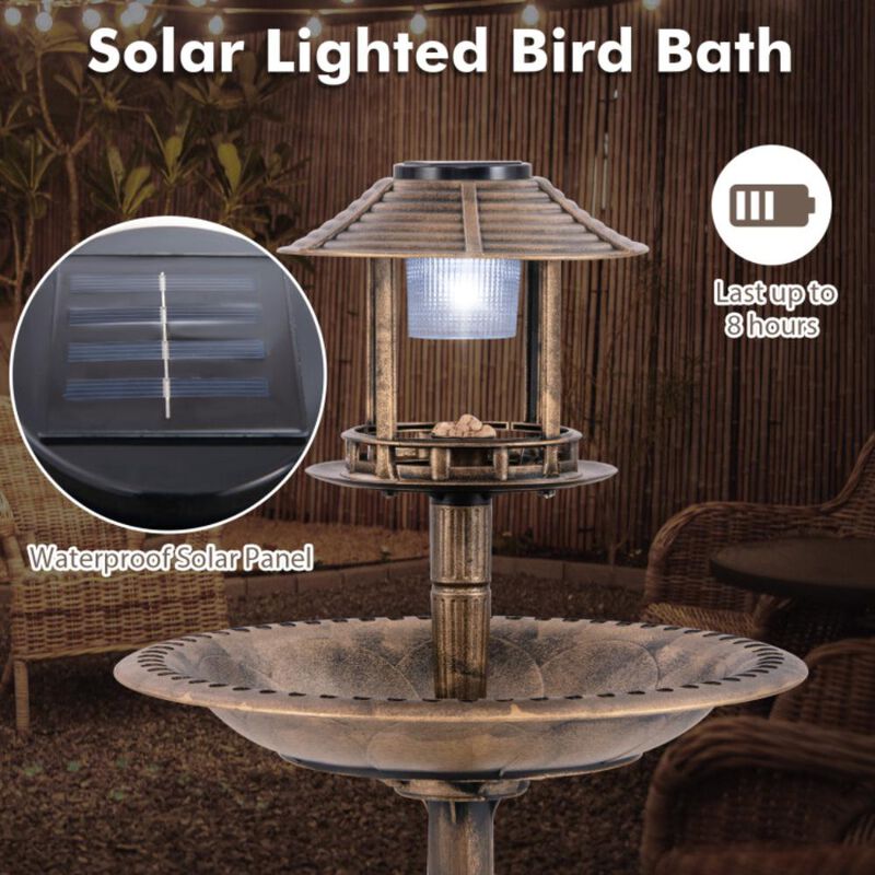 Hivvago Pedestal Bird Bath with Solar Light with Bird Feeder and Flower Planter