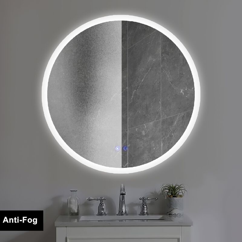 32 x 32 Inch Round Frameless LED Illuminated Bathroom Mirror, Touch Button Defogger, Metal, Silver-Benzara