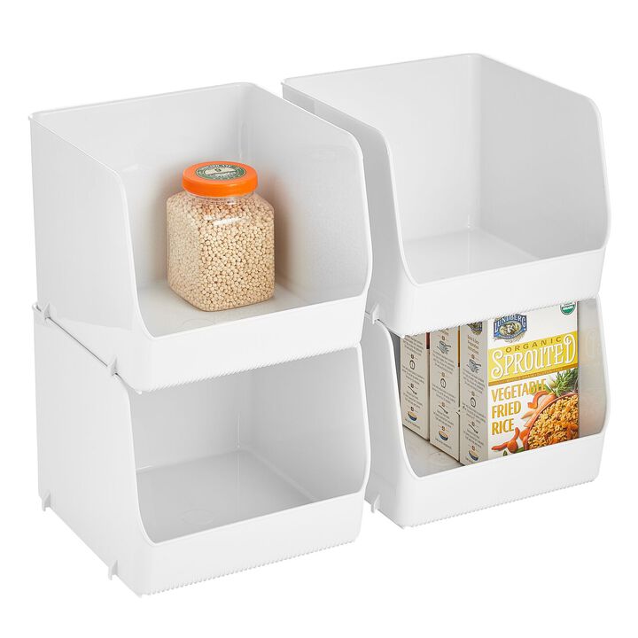 mDesign Plastic Stackable XL Kitchen Food Open Front Storage Bin, 4 Pack - White