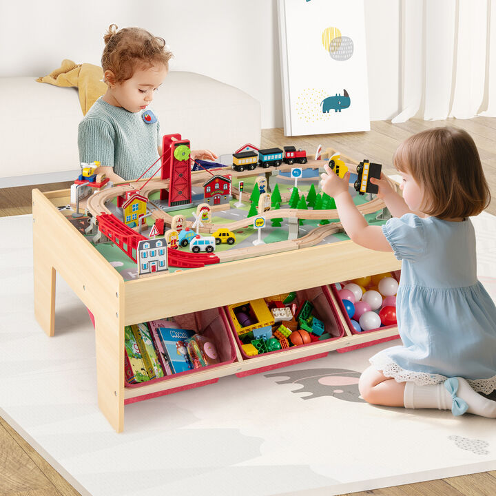 Wooden Kids Train Set Activity Table with 2 Reversible Table Tops-Natural