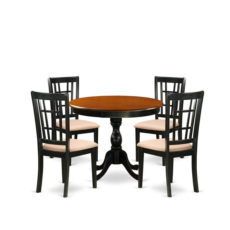 East West Furniture 5-Piece Modern Dining Set Consists of a Mid Century Dining Table and 4 Linen Fabric Dinning Room Chairs with Slatted Back - Black Finish