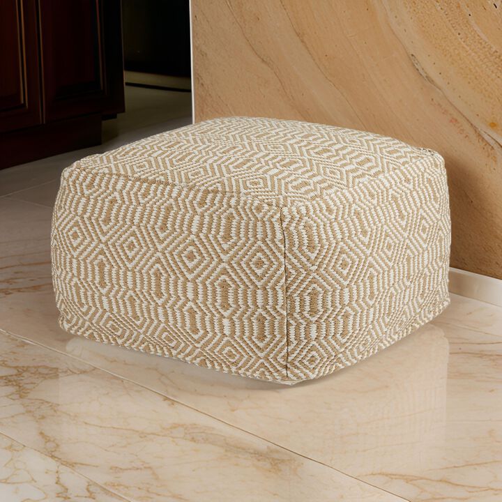 Sena 22 Inch Ottoman Pouf, Handwoven Pattern, Cotton Cover, Beige White - Benzara