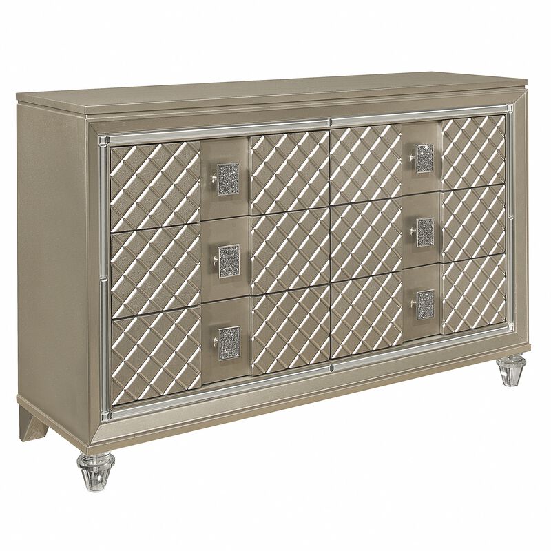 Loy Dresser, 55 Inch, 6 Drawers, Champagne Gold Metallic, Mirror Trim - Benzara
