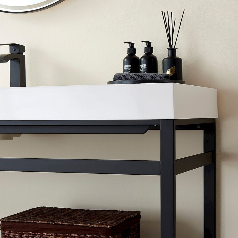 Vinnova Design Rectangular White Finish Composite Granite Stone Console Bathroom Vanity Sink