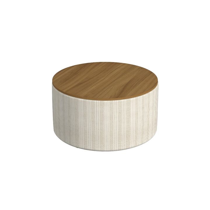 Jena Storage Ottoman, 30 Inch Round Lift Tray Top, Ivory Pinstripes